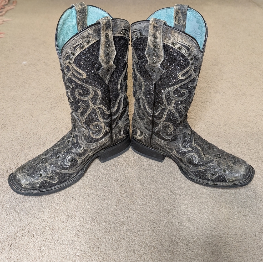 Corral Black Distressed Leather Square Toe Western Boots Bling Inlay